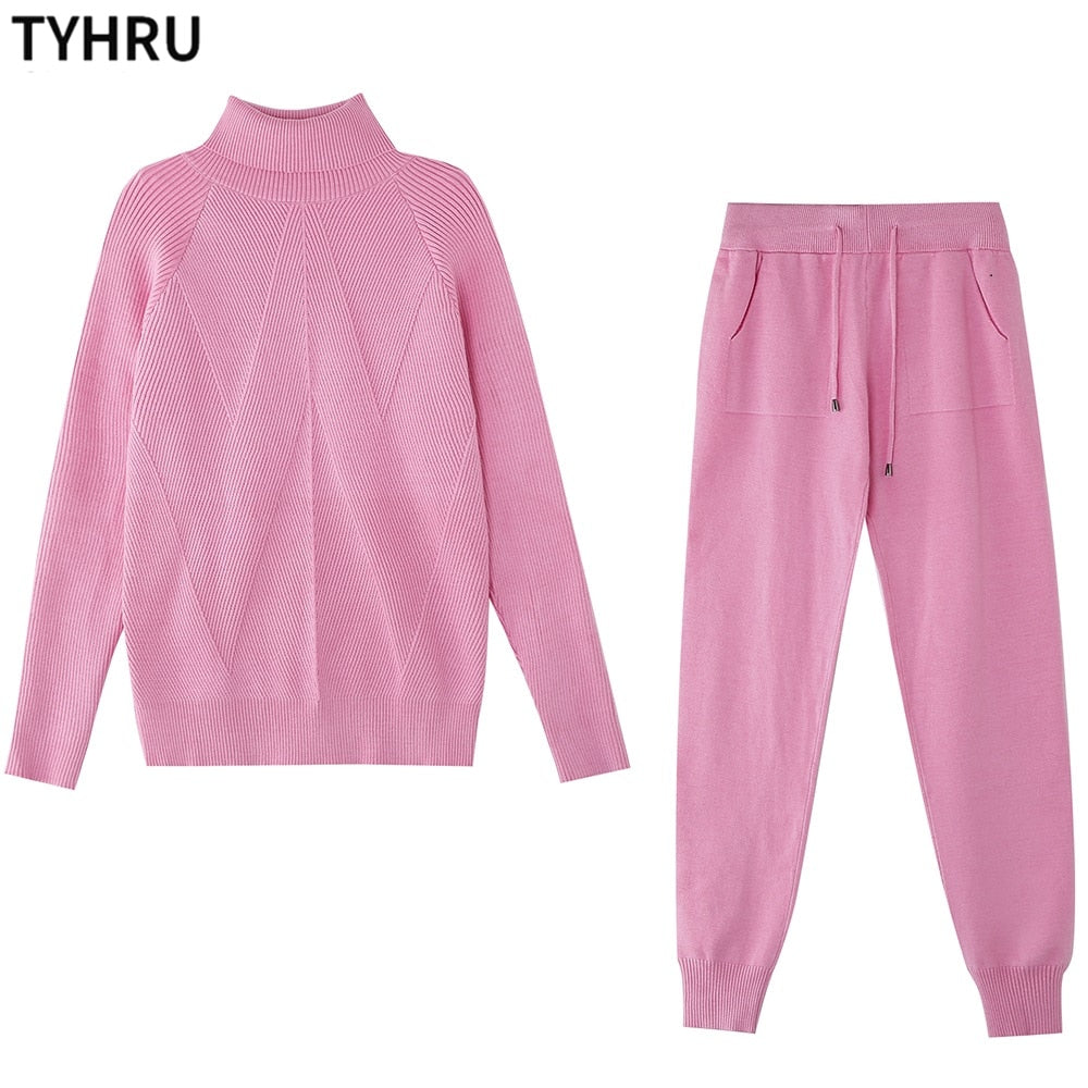 TYHRU Autumn Winter Women&#39;s tracksuit Solid Color Striped Turtleneck Sweater and Elastic Trousers Suits Knitted Two Piece Set