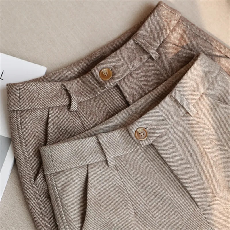 autumn winter solid beige elastic waist formal casual woolen pant for women