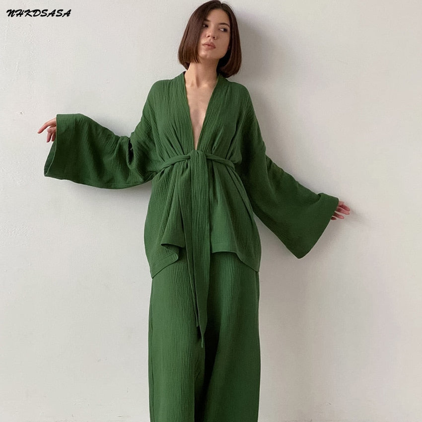 NHKDSASA-Pijama tipo Kimono para Mujer, ropa de dormir femenina de algodón 100%, pantalones de manga larga con crepé, para uso doméstico, novedad de 2021