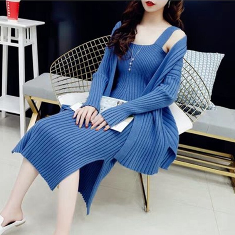 SMTHMA 2021 New High Quality Winter Women's Casual Long Sleeved Cardigan + Suspenders Sweater Vest Two Piece Runway Dresses Suit