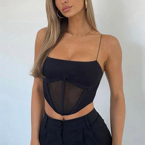 wsevypo Sexy Spaghetti Straps Bustiers Corset Crop Tops Mesh Spliced Camisoles Summer Women's Wrap Tube Tops Party Club Vest