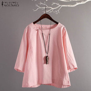 ZANZEA 2023  Women's Tunic Tops Vintage Linen Blouse Female Plate Button Shirts Chemise Casual Summer Blusas Kaftan Tee