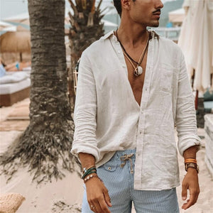 2023 Men Casual Cotton Linen ShirtsStanding Collar Male Solid Color Long Sleeves Loose Tops Spring Autumn Handsome Men&#39;s Shirts