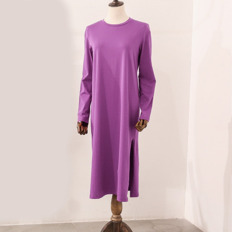Casual 94% Cotton Summer Women&#39;s Dresses Solid Short Sleeve Spilt Long Midi Dress Fashion Sundress Female Clothing