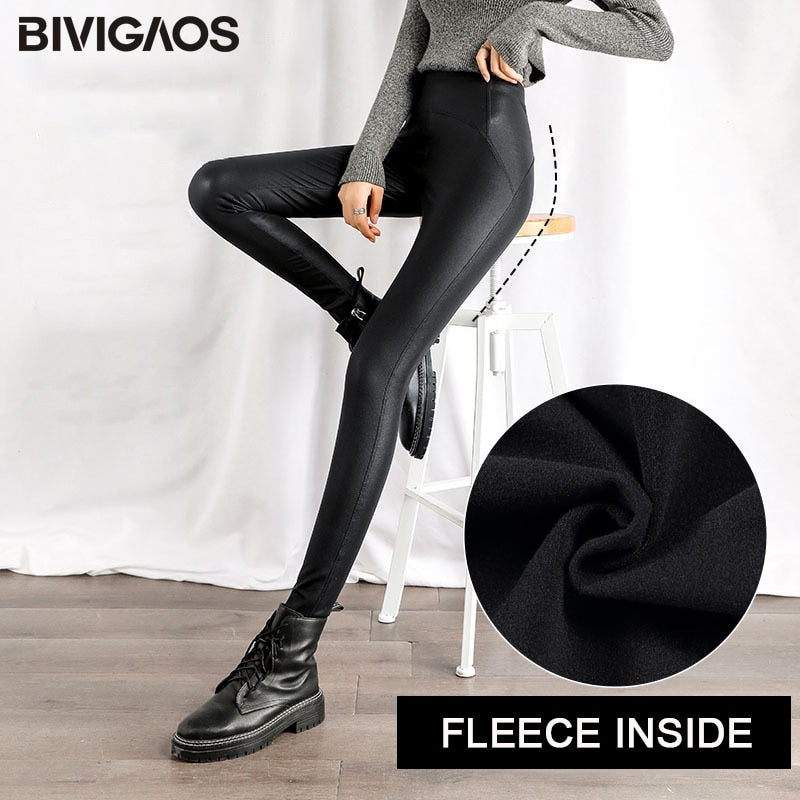 BIVIGAOS Autumn Winter Black Fleece Matte Leather Leggings Women&#39;s High Waist Lift Buttock Trousers Slim Skinny Legging Pants