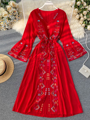 Summer Women's Dress Heavy Industry Embroidery V-neck Drawstring Trumpet Sleeves Ethnic Style Thin Waist Long Dresses LL040