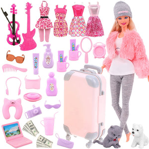Pink 43 Pieces Barbies Doll Clothes Shoes Accessories Travel Suitcase Toys Fit 18Inch Barbies Doll,1/6 BJD&Blythe Toys For Girls