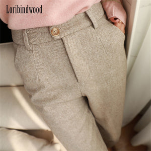 Woolen Pants Women&#39;s Harem Pencil Pants 2023 Autumn Winter High Waisted Casual Suit Pants Office Lady Women Trousers