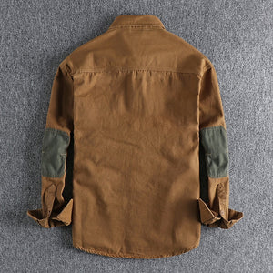 Sleeve patch washed grain woven cotton long sleeve shirt Men&#39;s daily tooling retro trend youth thin coat