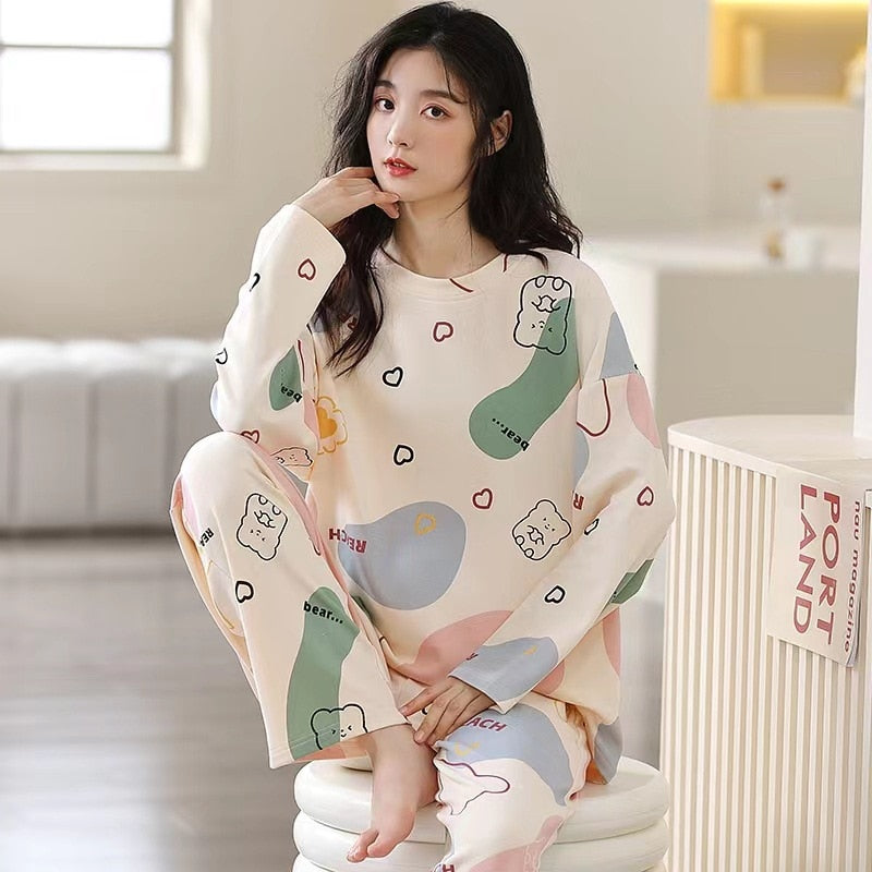 Pajamas Ladies Spring Autumn Long Sleeve Polyester Cotton Women&#39;s Autumn and Winter Large Size Casual Autumn Homewear Set