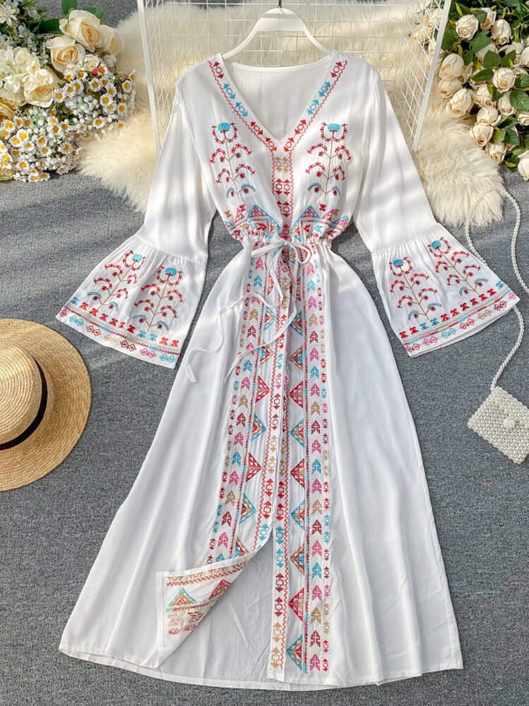 Summer Women's Dress Heavy Industry Embroidery V-neck Drawstring Trumpet Sleeves Ethnic Style Thin Waist Long Dresses LL040