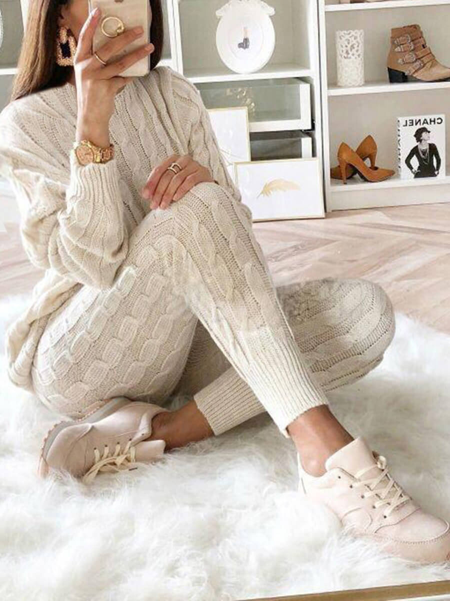 LW Plus Size Dropped Shoulder Knit Pants Set Women&#39;s Long Sleeve Knitted Casual Two-piece Sweater Long Sleeve Top Thick Sweaters