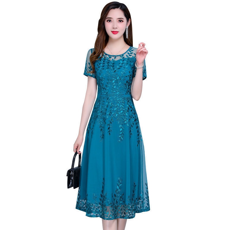 Round Neck Solid Color Temperament Dresses Embroidery Graphic Casual Women&#39;s Clothing Knee Skirts Retro Thin Summer Dignified