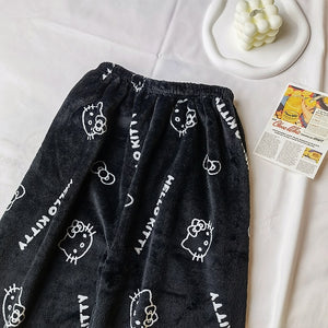 Sanrio Anime Hello Kitty Flannel Pajamas Black Women&#39;s Warm Woolen Cartoon Casual Home Pants In Autumn Winter Fashion Trousers