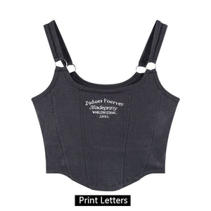 Women Sleeveless Crop Top Tank Tops Sexy Vest Letters Y2K Solid Color Short Women&#39;s T-shirt Camisole Crop Top With Bra Pad