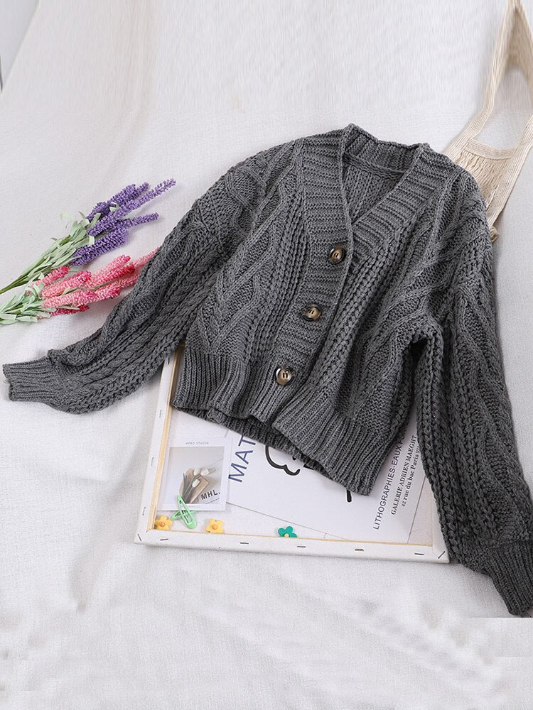 Autumn Winter Women's Knit Cardigan Short Crop Tops Chic Students Loose Solid Color Single-Breasted Sweater Female GD149