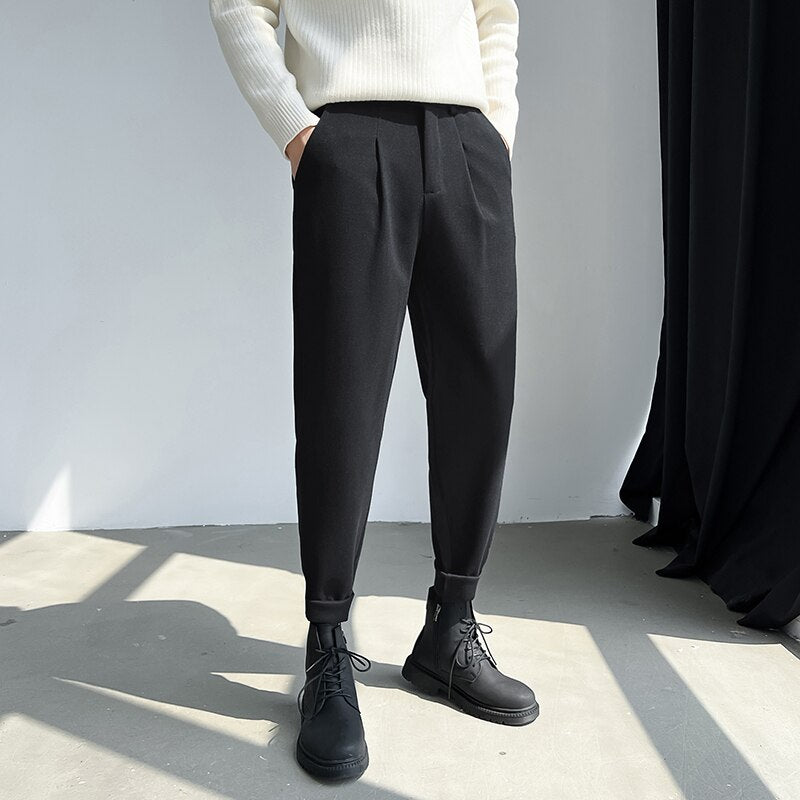Winter Thick Woolen Pants Men Warm Fashion Society Mens Dress Pants Korean Straight Thicken Suit Pants Mens Formal Trousers
