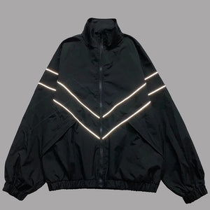 Hip Hop Reflective Striped Jackets Mens Harajuku Patchwork Zipper Windbreaker Streetwear Casual Loose Varsity Coats Unisex Blue