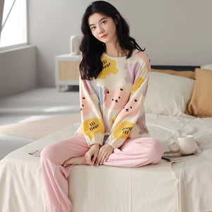 Pajamas Ladies Spring Autumn Long Sleeve Polyester Cotton Women&#39;s Autumn and Winter Large Size Casual Autumn Homewear Set