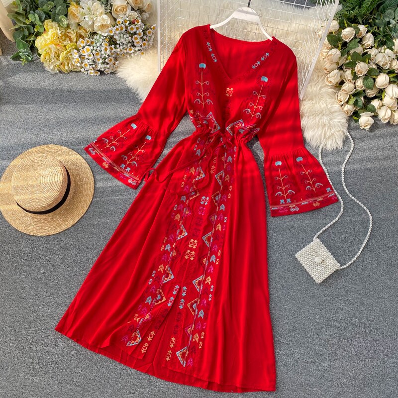 Summer Women's Dress Heavy Industry Embroidery V-neck Drawstring Trumpet Sleeves Ethnic Style Thin Waist Long Dresses LL040