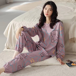 Pajamas Ladies Spring Autumn Long Sleeve Polyester Cotton Women&#39;s Autumn and Winter Large Size Casual Autumn Homewear Set