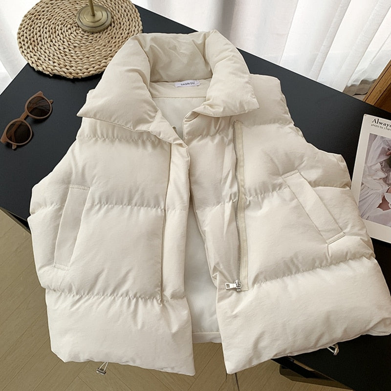 Winter Women&#39;s Vest Stand Collar Zipper Sleeveless Padded Puff Jacket Overcoat Solid Color Loose Drawstring Waistcoat Vest Coat