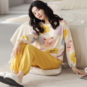 Pajamas Ladies Spring Autumn Long Sleeve Polyester Cotton Women&#39;s Autumn and Winter Large Size Casual Autumn Homewear Set