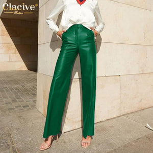 Clacive Fashion Blue Pu Leather Women'S Pants Elegant Slim High Waist Straight Trousers Streetwear Pantalones Female Clothing