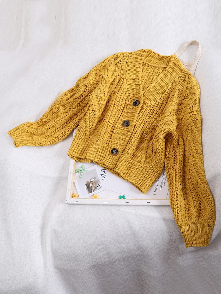 Autumn Winter Women's Knit Cardigan Short Crop Tops Chic Students Loose Solid Color Single-Breasted Sweater Female GD149