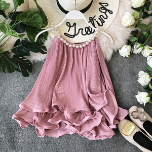 Women's Tops Summer Halter Beading Curled Chiffon Shirt Ruffled Loose Baby Shirt Sleeveless Tops Women Blouse ML843