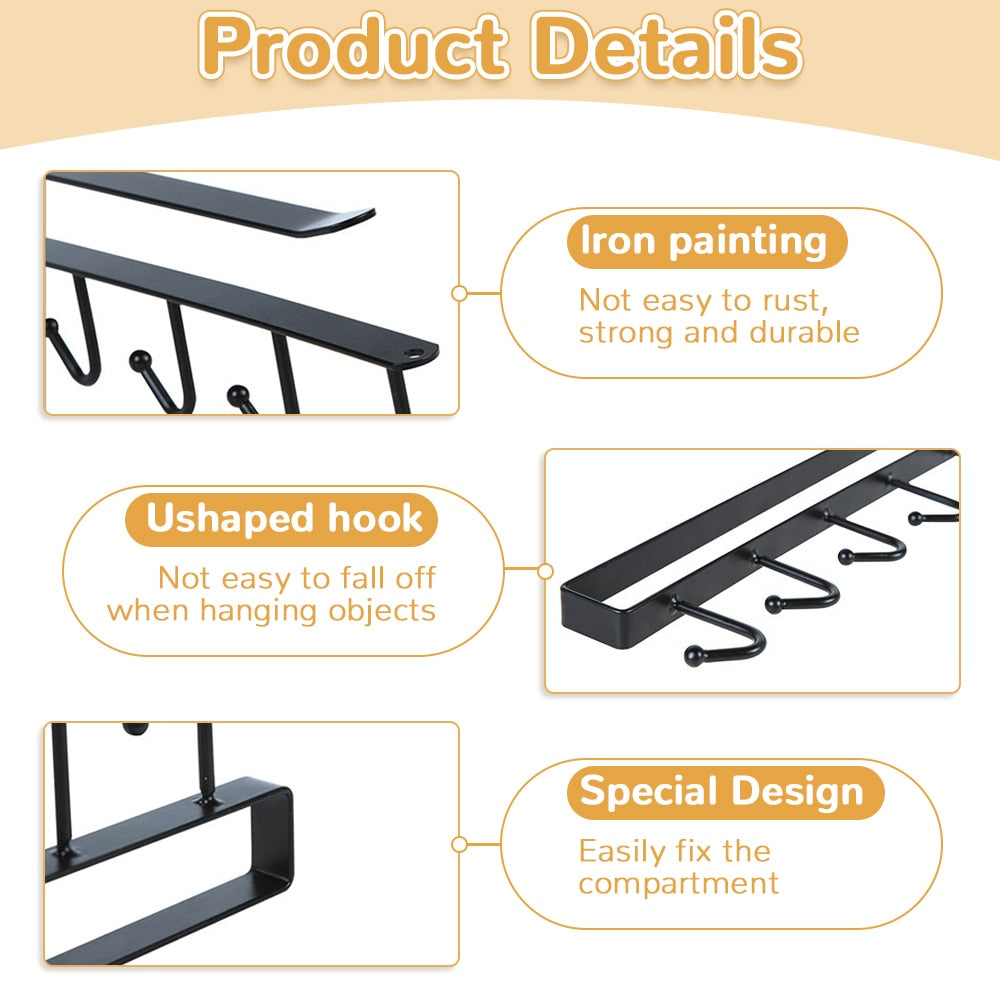 Iron 6 Hooks Storage Shelf Wardrobe Cabinet Metal Under Shelves Mug Cup Hanger Bathroom Kitchen Organizer Hanging Rack Holder