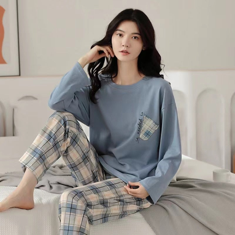 Pajamas Ladies Spring Autumn Long Sleeve Polyester Cotton Women&#39;s Autumn and Winter Large Size Casual Autumn Homewear Set