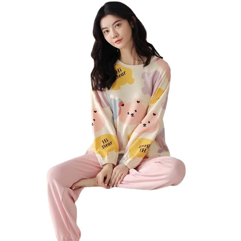 Pajamas Ladies Spring Autumn Long Sleeve Polyester Cotton Women&#39;s Autumn and Winter Large Size Casual Autumn Homewear Set