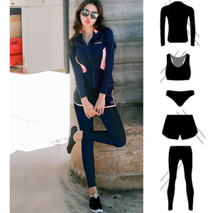 Women&#39;s 5pcs/set Swimsuit Long Sleeve Zip Top and Leggings Rash Guards Sun UV Protection Jogger Yoga Suit Swimwear Bathing Suits