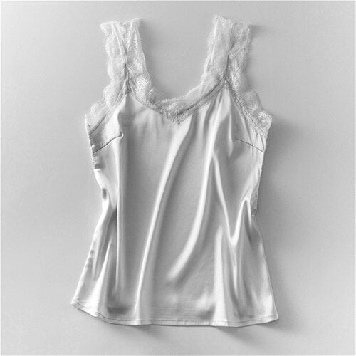 Women's Satin Summer Tops for Women 2023 V Neck   Sleeveless Lace Tank Tops Women Summer Female Silk Top with Lace