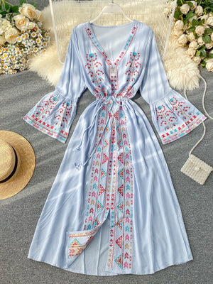 Summer Women's Dress Heavy Industry Embroidery V-neck Drawstring Trumpet Sleeves Ethnic Style Thin Waist Long Dresses LL040