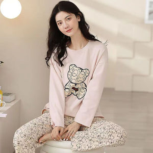 Pajamas Ladies Spring Autumn Long Sleeve Polyester Cotton Women&#39;s Autumn and Winter Large Size Casual Autumn Homewear Set