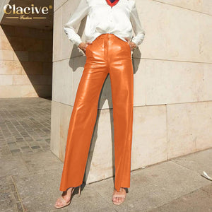 Clacive Fashion Blue Pu Leather Women'S Pants Elegant Slim High Waist Straight Trousers Streetwear Pantalones Female Clothing