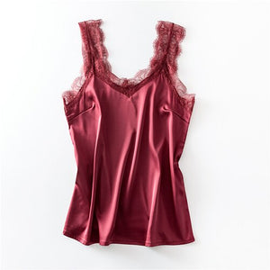 Women's Satin Summer Tops for Women 2023 V Neck   Sleeveless Lace Tank Tops Women Summer Female Silk Top with Lace