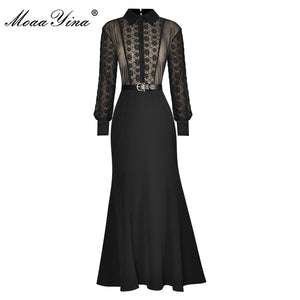 MoaaYina Fashion Designer dress Spring Women's Dress Long sleeve Lace Package Hip Elegant Party Black Fishtail Dresses