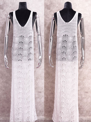 New White Crochet Tunic Swimwear Cover-ups 2023 Women's Clothes Sexy Hollow Out Low-cut Solid Color Slim Beach Maxi Dress A2210