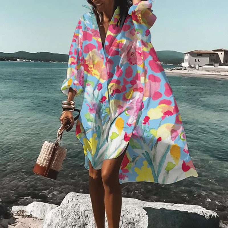 New Women's Sexy Fashion Print Beach Vacation Overcoat Women's Casual Shirt Collar Swimwear Pullover 2yk clothing