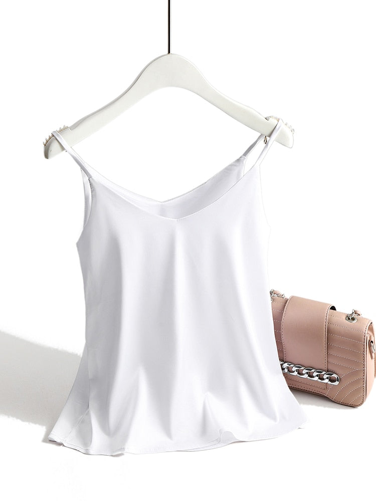 AOSSVIAO 2023 Spaghetti Strap Top Women Halter V Neck Basic White Cami Sleeveless Satin Silk Tank Tops Women'S Summer Camisole