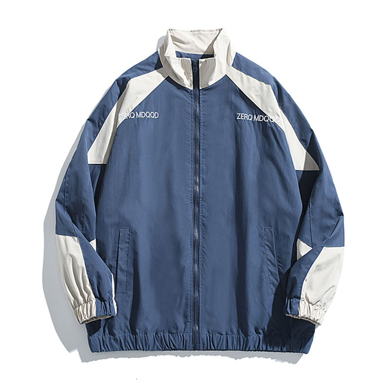 Hip Hop Reflective Striped Jackets Mens Harajuku Patchwork Zipper Windbreaker Streetwear Casual Loose Varsity Coats Unisex Blue