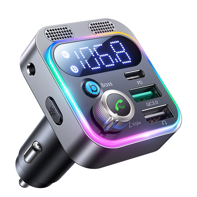 2022 Bluetooth 5.3 FM Transmitter for Car, [Stronger Dual Mics Deep Bass Sound] , 48W PD&amp;QC3.0 Car Charger Bluetooth Adapter