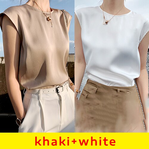 Khaki Women's Elegant Blouse Office Tunic Satin Silk Blouse Basic Tops White Summer Chiffon Blouses for Women 2023