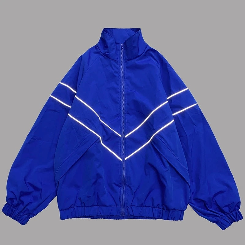 Hip Hop Reflective Striped Jackets Mens Harajuku Patchwork Zipper Windbreaker Streetwear Casual Loose Varsity Coats Unisex Blue