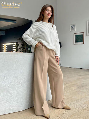 Clacive Blue Office Women'S Pants 2021 Fashion Loose Full Length Ladies Trousers Casual High Waist Wide Pants For Women