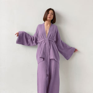 NHKDSASA-Pijama tipo Kimono para Mujer, ropa de dormir femenina de algodón 100%, pantalones de manga larga con crepé, para uso doméstico, novedad de 2021