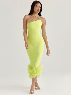 Sexy Suspender One Shoulder Sleeveless Feather Bodycon Dress 2022 New Women's Elegant Light Green Celebrity Club Party Dresses